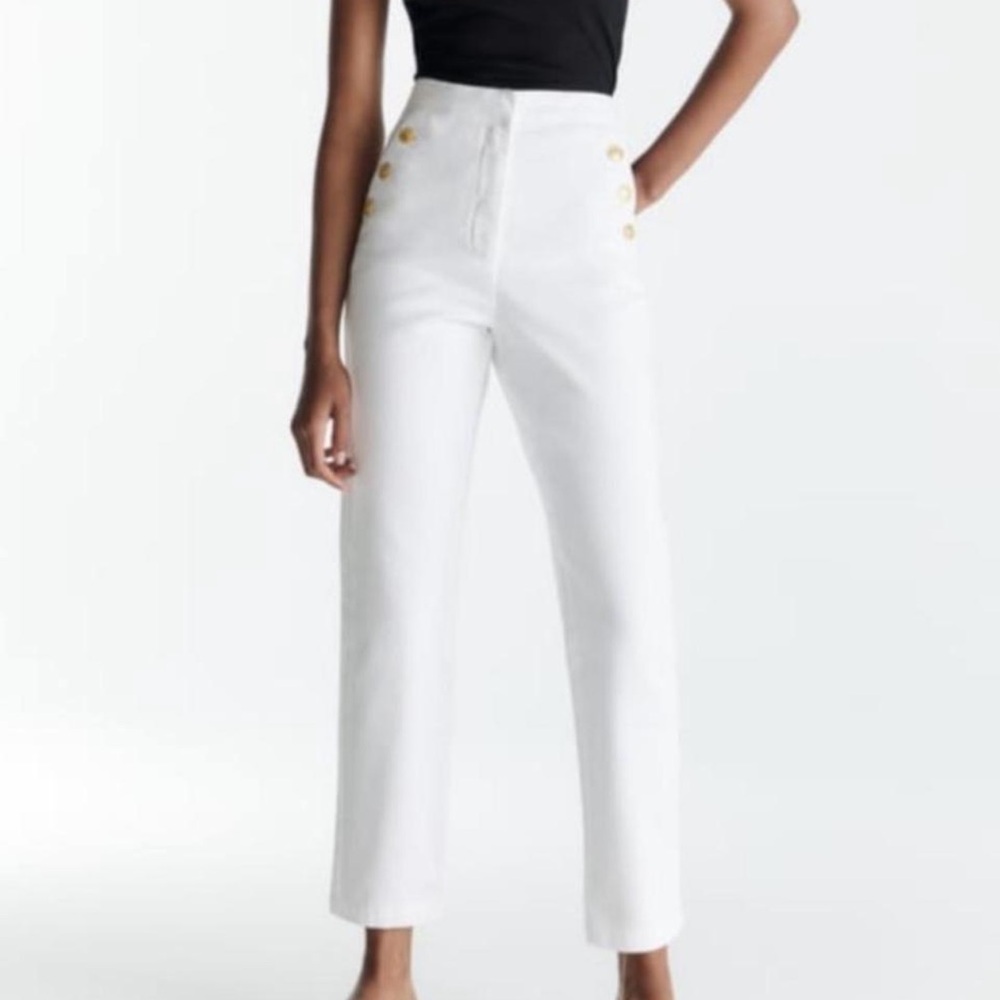 Zara White High-Waisted Pants with Gold Buttons